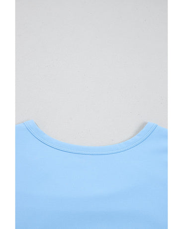 Beau Blue Floral Mesh Puff Sleeve Crew Neck Top - L