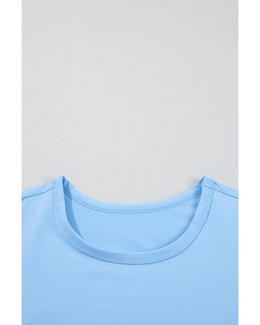 Beau Blue Floral Mesh Puff Sleeve Crew Neck Top - L