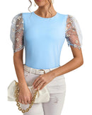 Beau Blue Floral Mesh Puff Sleeve Crew Neck Top - M
