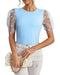 Beau Blue Floral Mesh Puff Sleeve Crew Neck Top - M
