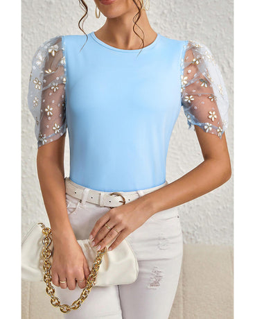 Beau Blue Floral Mesh Puff Sleeve Crew Neck Top - XL