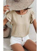 Beige Solid Color Ruffled Short Sleeve Casual Blouse - L
