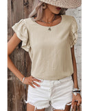 Beige Solid Color Ruffled Short Sleeve Casual Blouse - L