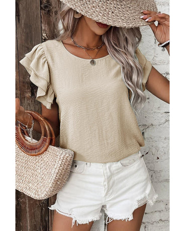 Beige Solid Color Ruffled Short Sleeve Casual Blouse - L