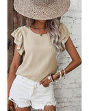 Beige Solid Color Ruffled Short Sleeve Casual Blouse - S