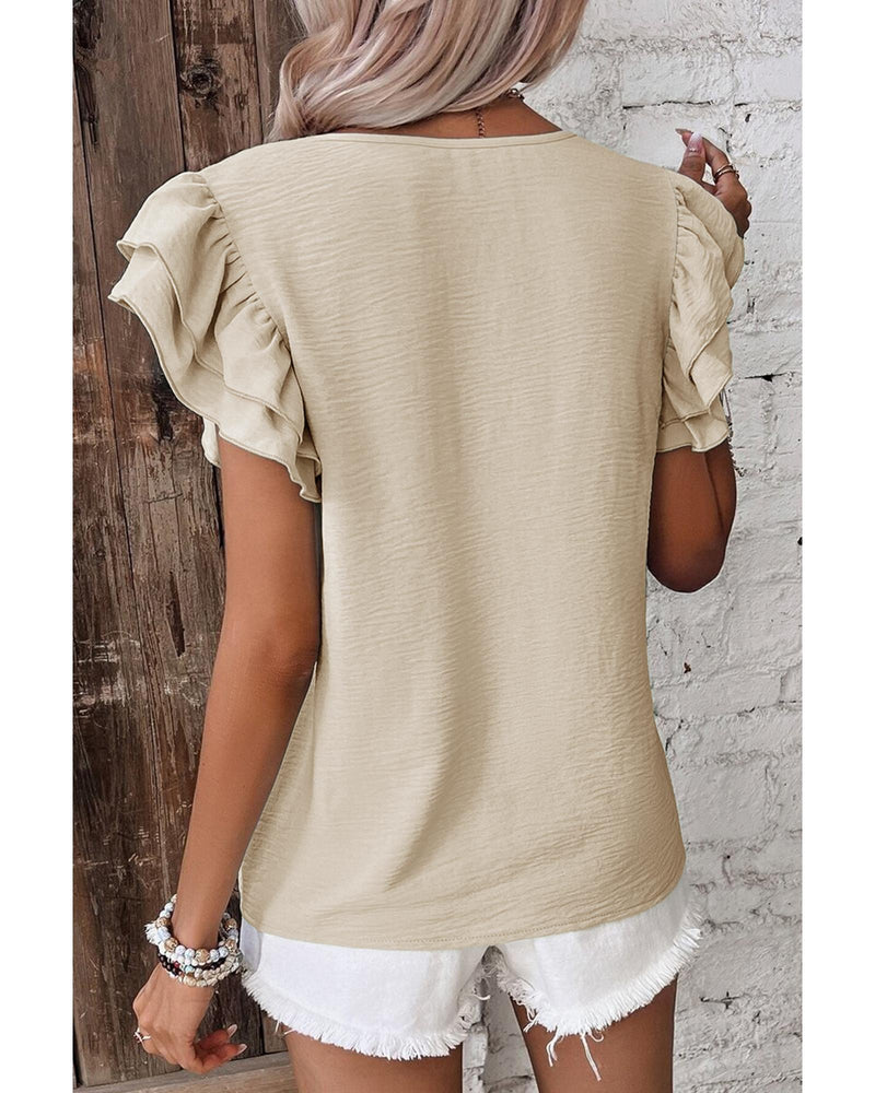 Beige Solid Color Ruffled Short Sleeve Casual Blouse - S