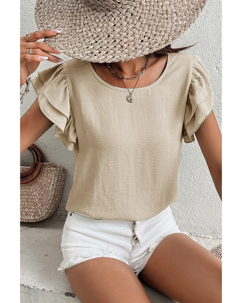 Beige Solid Color Ruffled Short Sleeve Casual Blouse - S