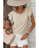 Beige Solid Color Ruffled Short Sleeve Casual Blouse - XL