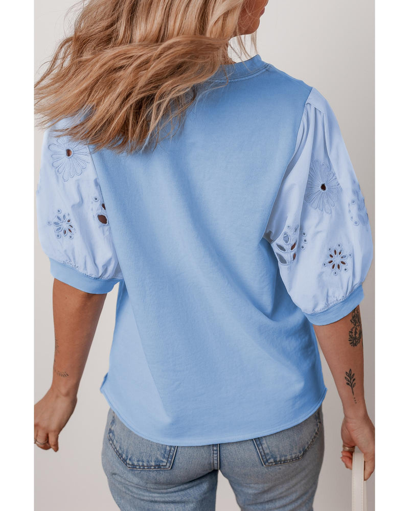 Beau Blue Eyelet Flower Embroidered Puff Short Sleeve Patchwork Crew Neck Blouse - L