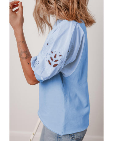 Beau Blue Eyelet Flower Embroidered Puff Short Sleeve Patchwork Crew Neck Blouse - L