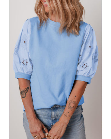 Beau Blue Eyelet Flower Embroidered Puff Short Sleeve Patchwork Crew Neck Blouse - L