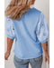 Beau Blue Eyelet Flower Embroidered Puff Short Sleeve Patchwork Crew Neck Blouse - S