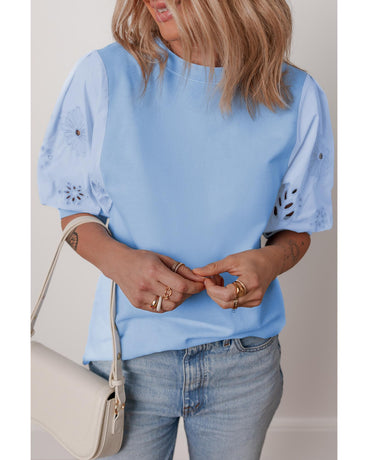 Beau Blue Eyelet Flower Embroidered Puff Short Sleeve Patchwork Crew Neck Blouse - XL