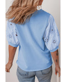 Beau Blue Eyelet Flower Embroidered Puff Short Sleeve Patchwork Crew Neck Blouse - XL