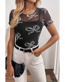 Black Bow Printed Mesh Short Sleeve Top - L
