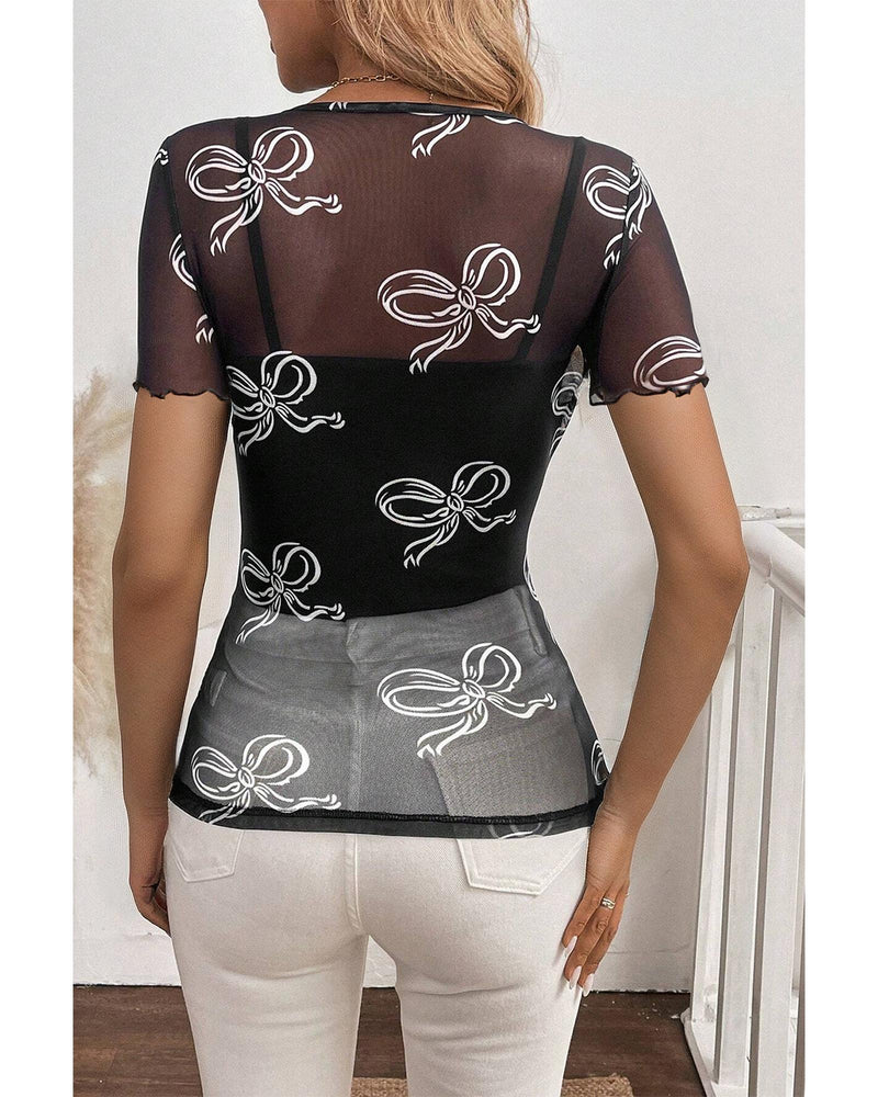 Black Bow Printed Mesh Short Sleeve Top - L