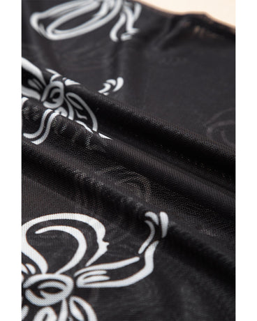 Black Bow Printed Mesh Short Sleeve Top - L
