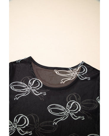 Black Bow Printed Mesh Short Sleeve Top - L