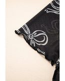 Black Bow Printed Mesh Short Sleeve Top - L