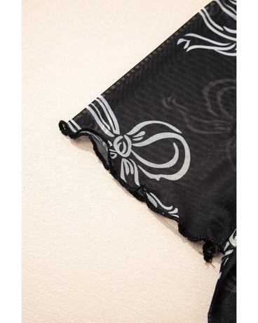 Black Bow Printed Mesh Short Sleeve Top - L