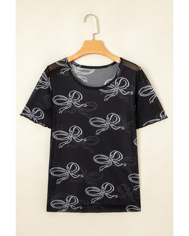 Black Bow Printed Mesh Short Sleeve Top - M