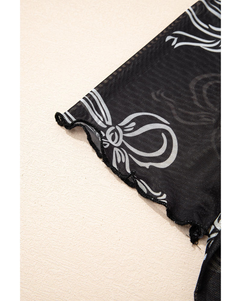 Black Bow Printed Mesh Short Sleeve Top - M