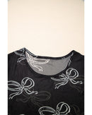 Black Bow Printed Mesh Short Sleeve Top - M