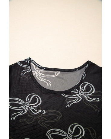 Black Bow Printed Mesh Short Sleeve Top - M