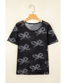 Black Bow Printed Mesh Short Sleeve Top - S