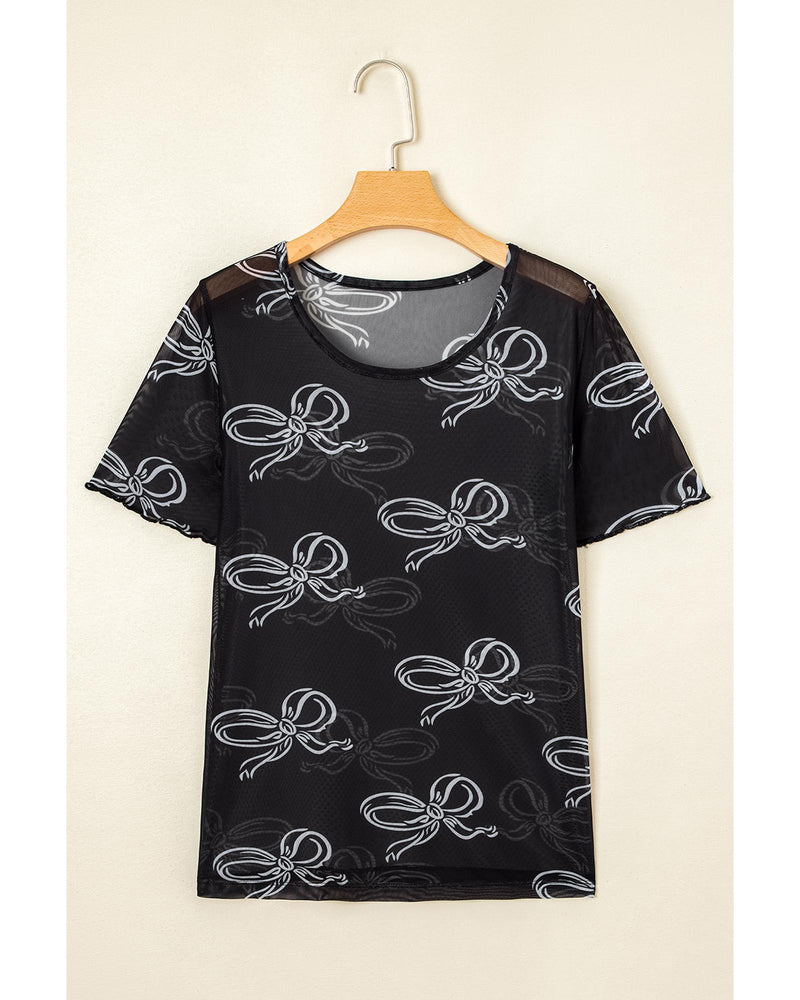 Black Bow Printed Mesh Short Sleeve Top - S