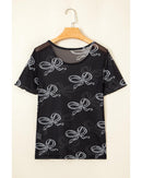 Black Bow Printed Mesh Short Sleeve Top - S