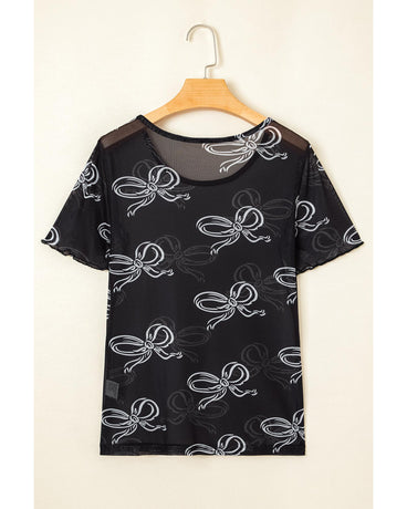 Black Bow Printed Mesh Short Sleeve Top - S