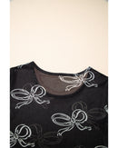 Black Bow Printed Mesh Short Sleeve Top - S