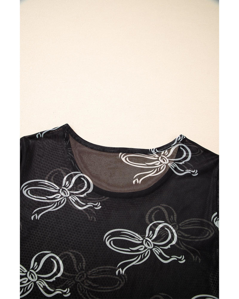 Black Bow Printed Mesh Short Sleeve Top - S