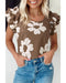 Brown Floral Textured Ruffled Short Sleeve Square Neck Blouse
