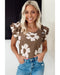 Brown Floral Textured Ruffled Short Sleeve Square Neck Blouse