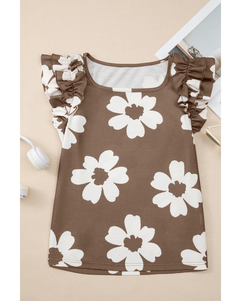 Brown Floral Textured Ruffled Short Sleeve Square Neck Blouse