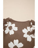 Brown Floral Textured Ruffled Short Sleeve Square Neck Blouse