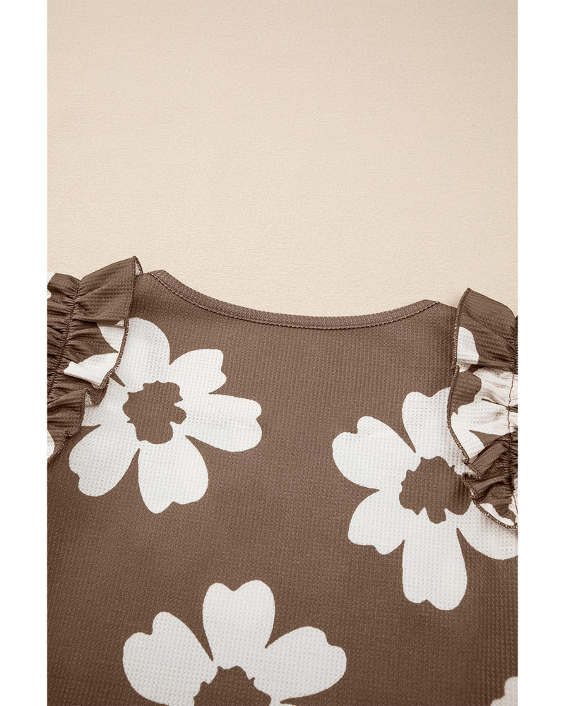 Brown Floral Textured Ruffled Short Sleeve Square Neck Blouse