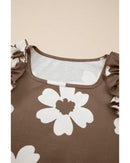Brown Floral Textured Ruffled Short Sleeve Square Neck Blouse