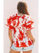 Red Plant Print Tiered Ruffled Sleeve V Neck Blouse - L