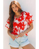 Red Plant Print Tiered Ruffled Sleeve V Neck Blouse - L
