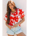 Red Plant Print Tiered Ruffled Sleeve V Neck Blouse - L