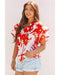 Red Plant Print Tiered Ruffled Sleeve V Neck Blouse - L