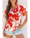 Red Plant Print Tiered Ruffled Sleeve V Neck Blouse - L