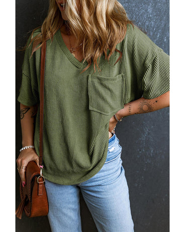 Azura Exchange Jungle Green Corded V Neck Chest Pocket Loose T-shirt - L