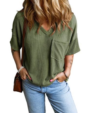 Azura Exchange Jungle Green Corded V Neck Chest Pocket Loose T-shirt - L
