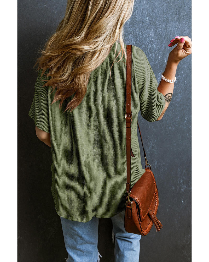 Azura Exchange Jungle Green Corded V Neck Chest Pocket Loose T-shirt - XL