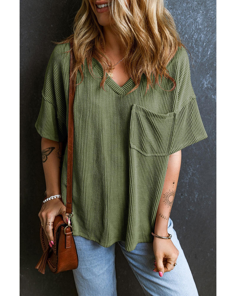 Azura Exchange Jungle Green Corded V Neck Chest Pocket Loose T-shirt - XL