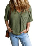 Azura Exchange Jungle Green Corded V Neck Chest Pocket Loose T-shirt - XL